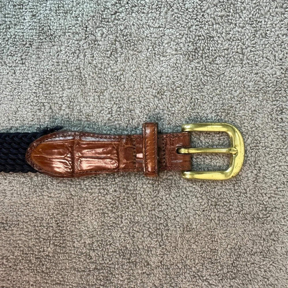 Brighton Mens Woven Cord Belt Navy Blue Brown Croc Leather Gold Buckle 34 USA